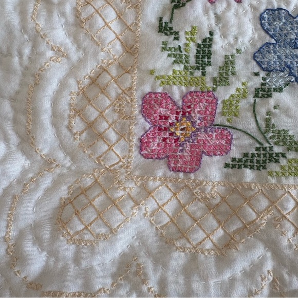 Handmade Quilted Cross Stitch Embroidered Butterfly & Floral Cotton Pillow Sham - Picture 4 of 15